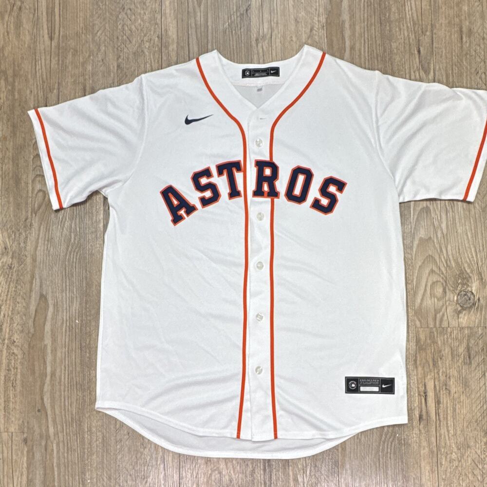 Nike Houston Astros Men's L White Button-Front Baseball Jersey Orange Blue - Picture 1 of 6